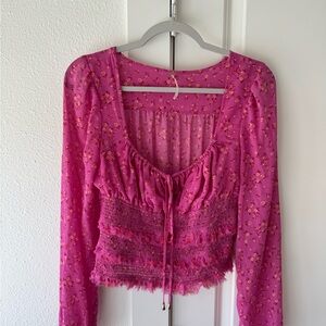 Free People Fuchsia Floral Long-Sleeve Smocked Crop Top